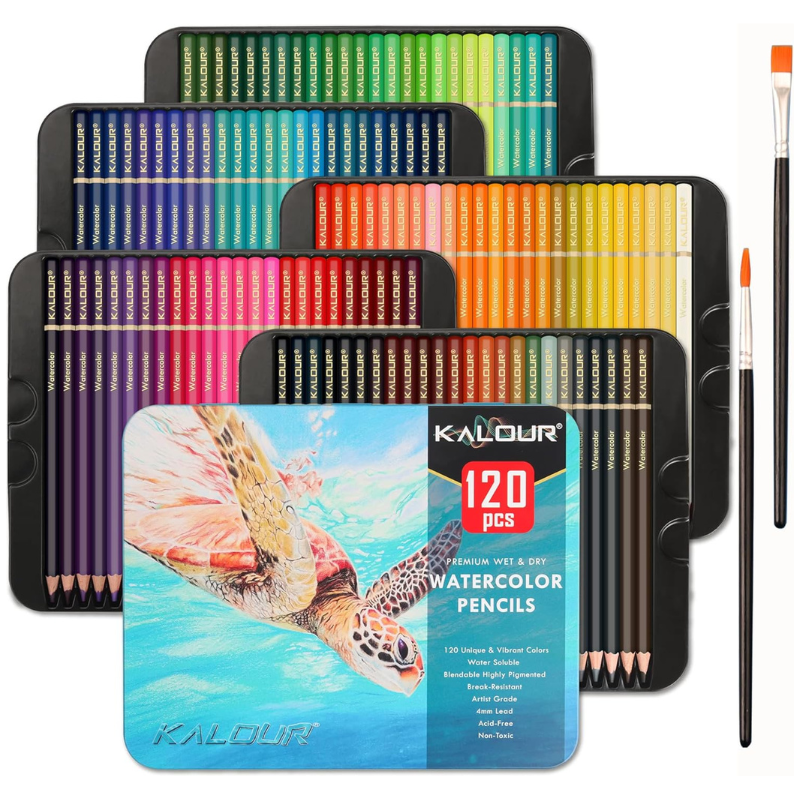 Professional watercolor pencils, 120-color set for artists, vibrant colors ideal for drawing and shading.